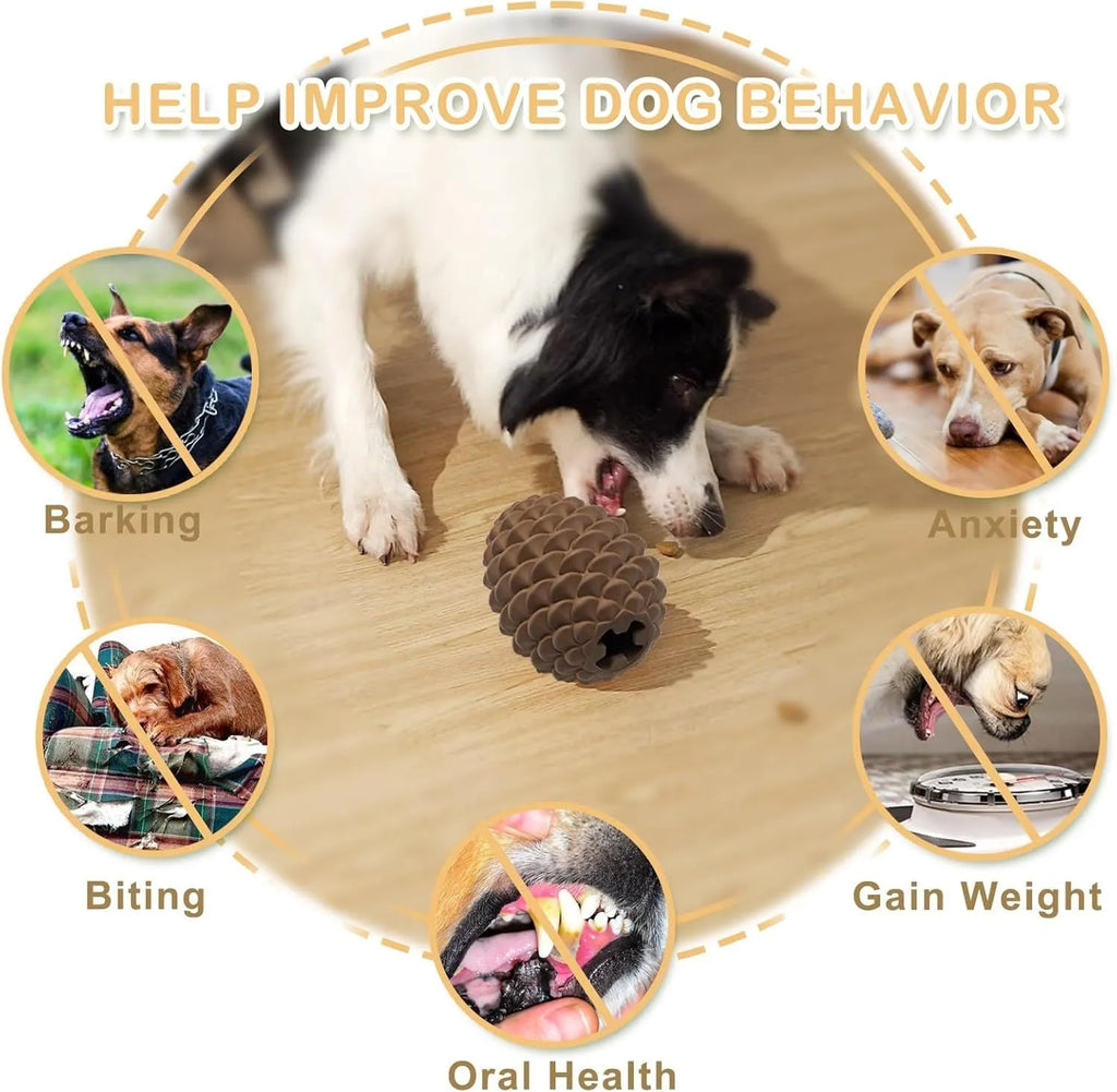 Yellow pine cone-shaped natural rubber dog chew toy with textured surface and treat dispenser hole.
