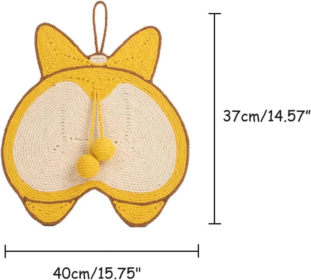 Yellow Corgi-shaped sisal cat scratching pad with anti-slip base and adhesive hooks.