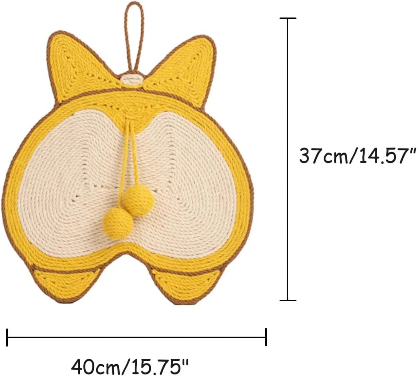 Yellow Corgi-shaped sisal cat scratching pad with anti-slip base and adhesive hooks.