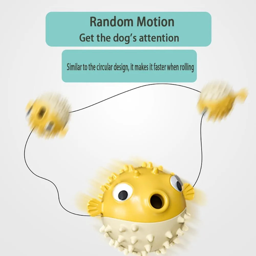 Fish-shaped interactive dog chew toy with treat dispenser in green, red or yellow colours
