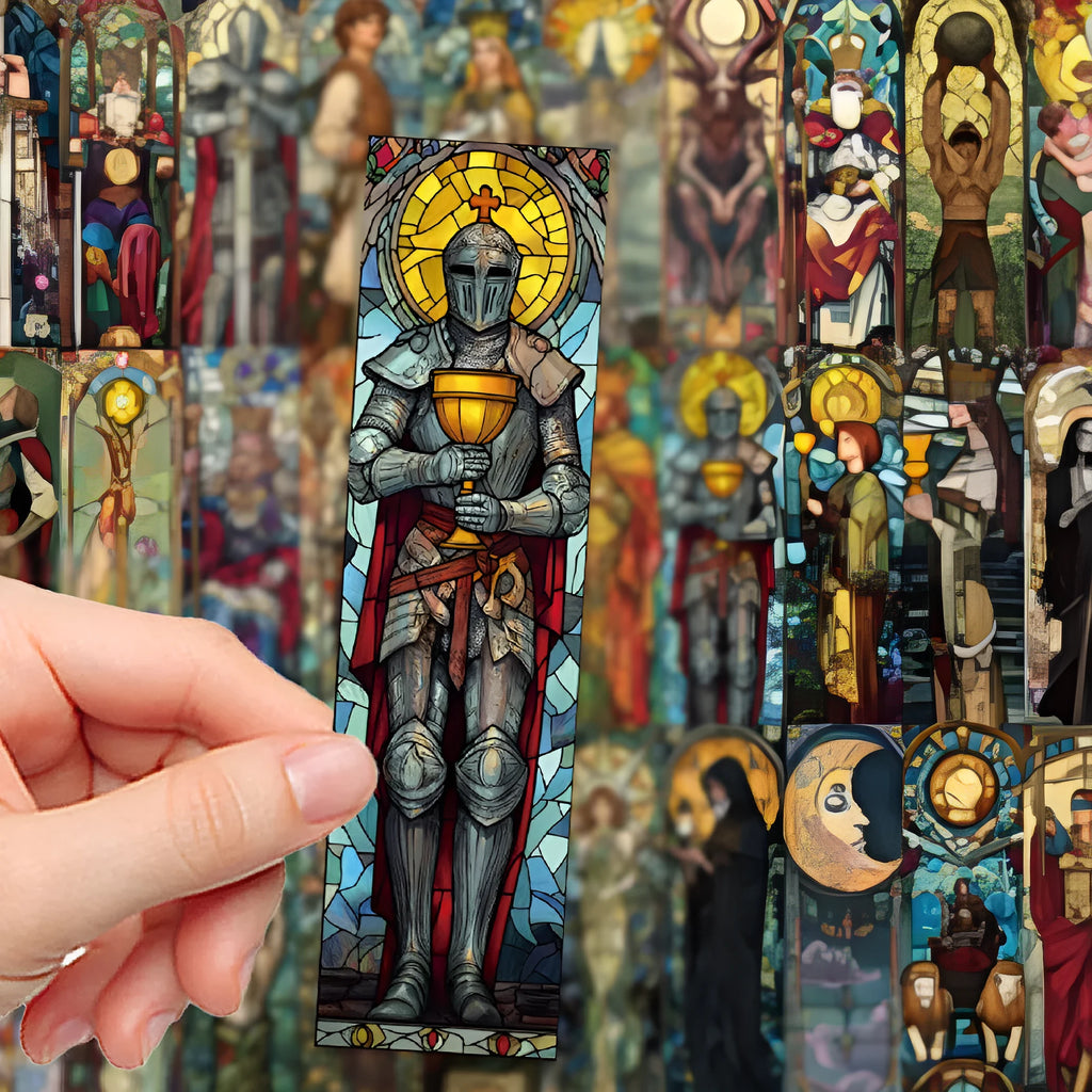 Pack of 30 colourful painted glass tarot bookmarks with cute illustrations on paper.