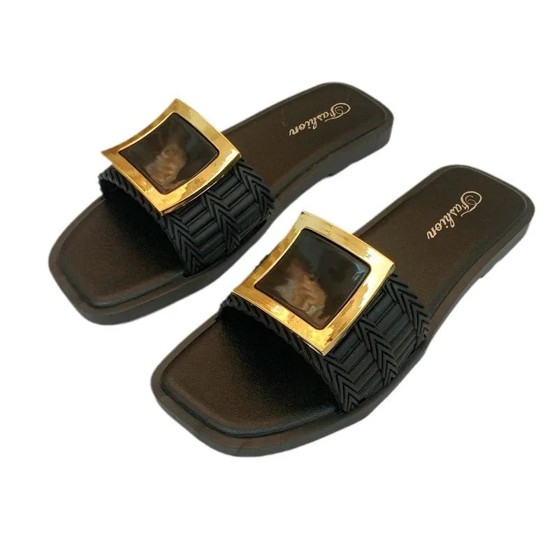 Women's casual summer flat slippers with PVC sole in apricot, black, and khaki colour options