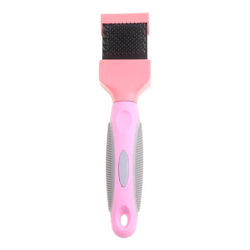 Blue double-sided pet brush showing stainless steel pins on one side and firm bristles on the other.