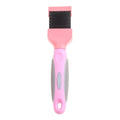 Blue double-sided pet brush showing stainless steel pins on one side and firm bristles on the other.