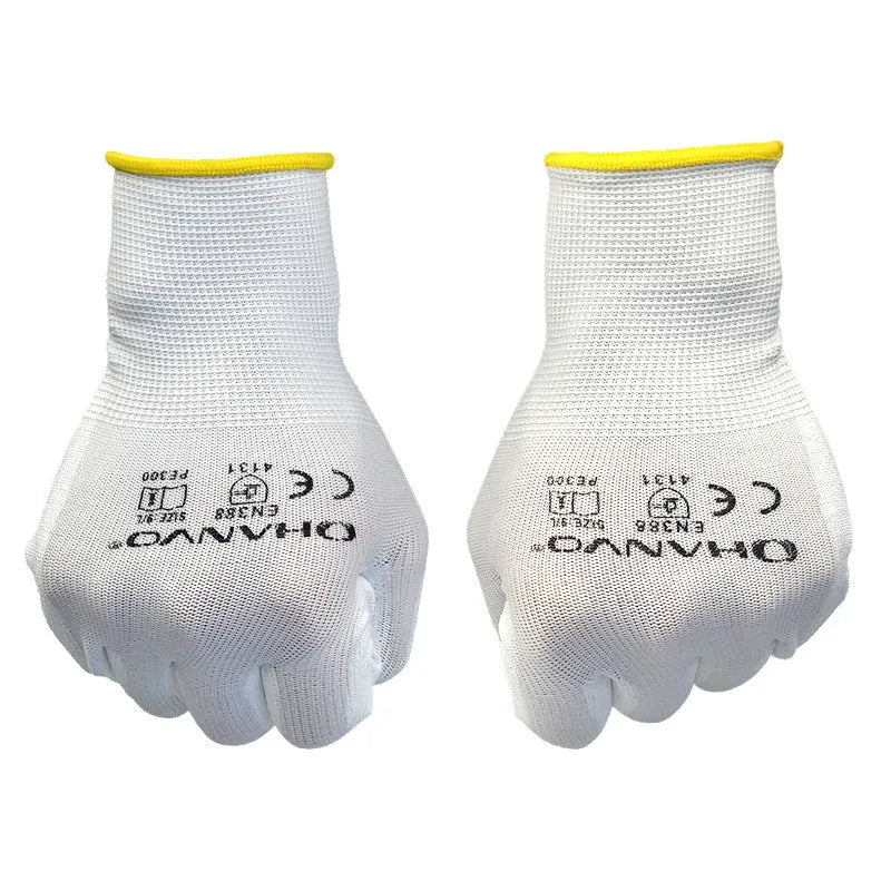 White PU-coated labour gloves showing flexible design, available in sizes L and M.
