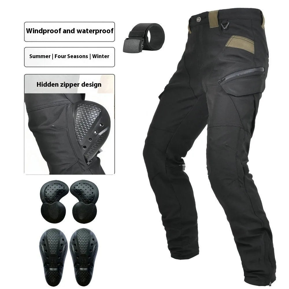 Men's black waterproof motorcycle pants with belt and protective gear set on a neutral background.