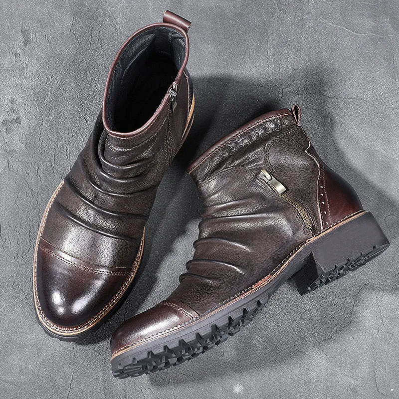 Men's black leather-look cowboy boots with side zipper and round toe