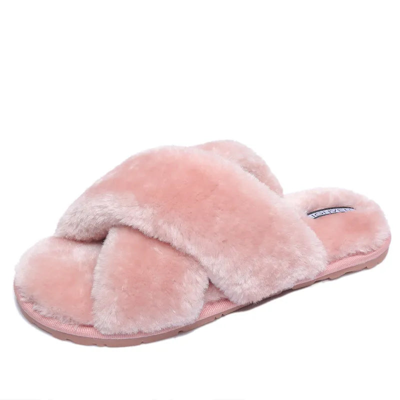 Women's cross open-toe fur slippers in multiple colours on a non-slip patterned sole.