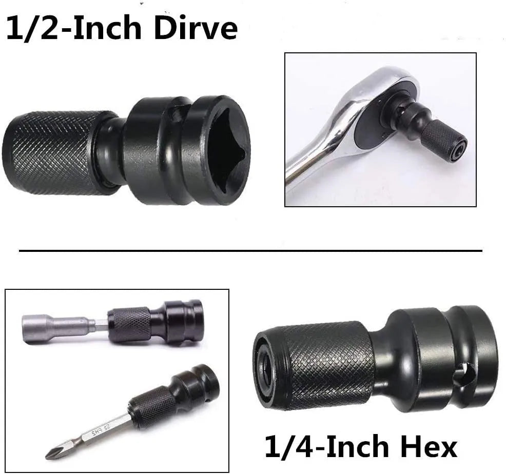 Steel telescopic bit holder adaptor converting between 1/2-inch and 1/4-inch drive sizes with O-ring bolt