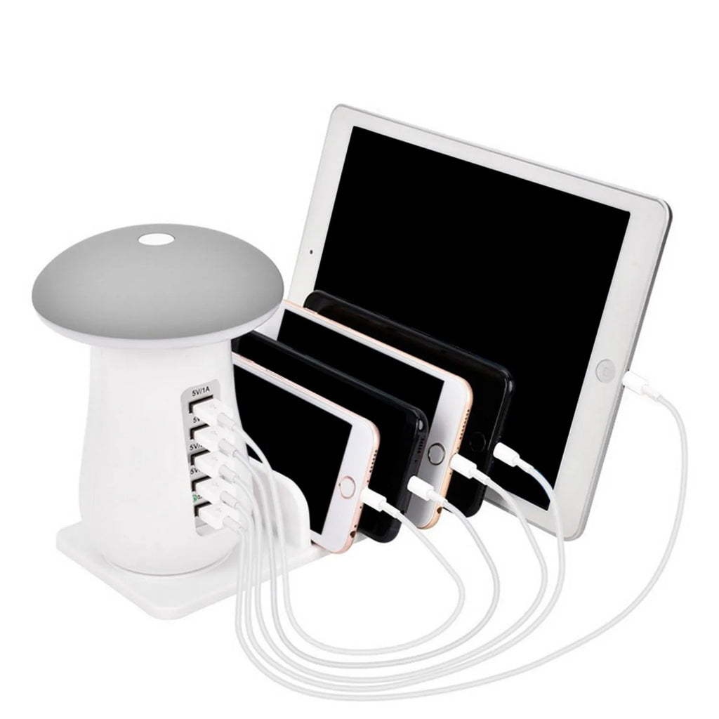 Besegad mushroom-shaped white LED desk lamp and USB charging station with five ports