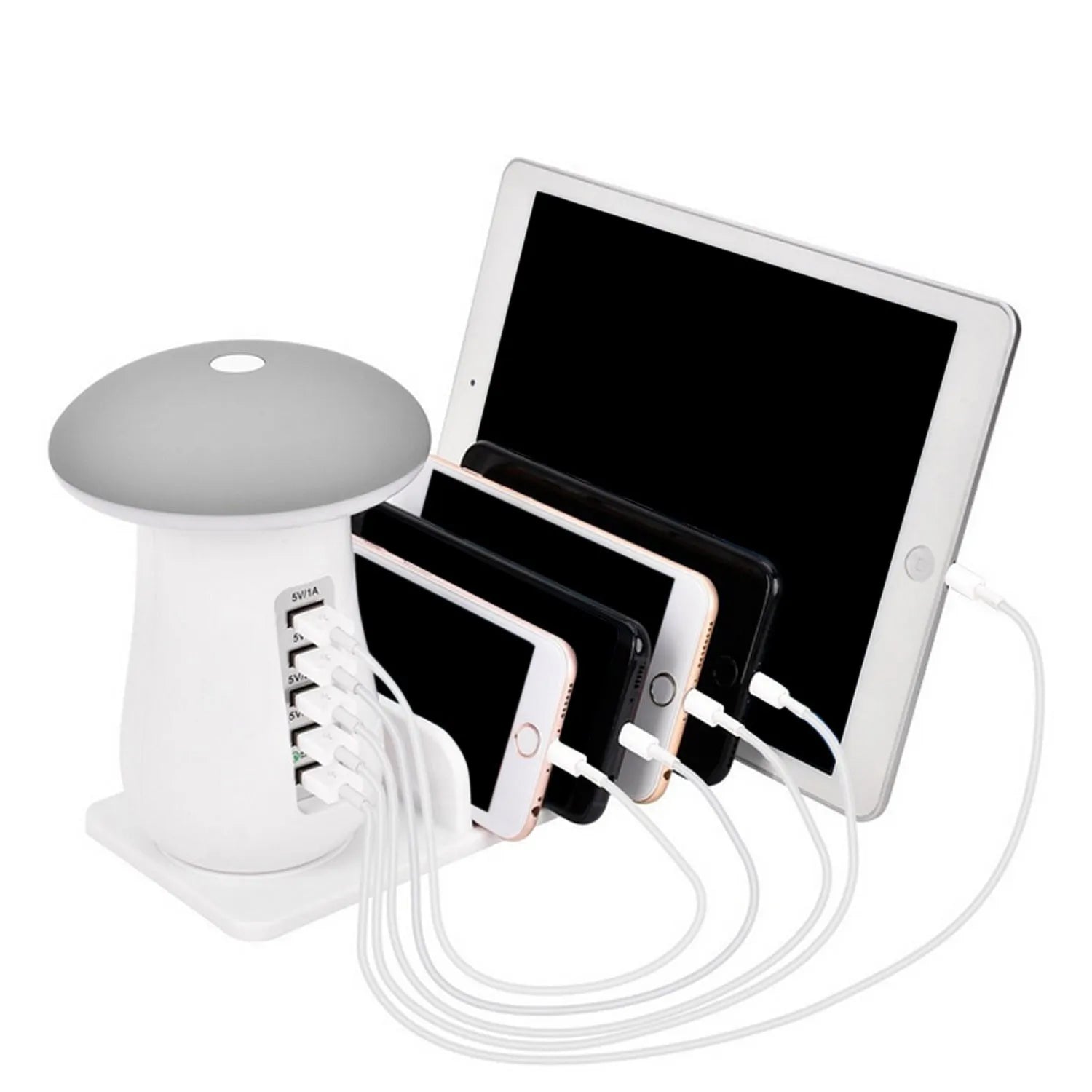 Besegad mushroom-shaped white LED desk lamp and USB charging station with five ports
