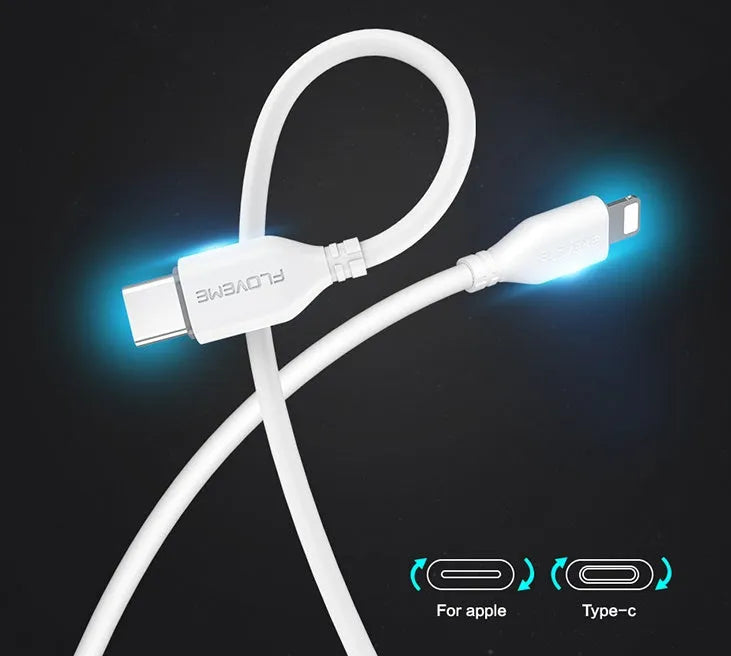 White braided USB-C to Lightning cable with aluminium connectors, 1 metre long