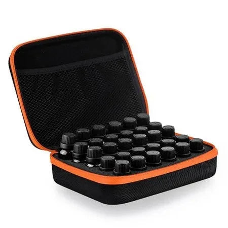 Red EVA essential oil storage bag with 30 compartments for 15ml bottles, shown with zipper open.