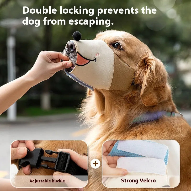 Canvas dog mouth cover in Ollie Brown Bear colour with weight-based sizing guide showing S, M, L, XL options