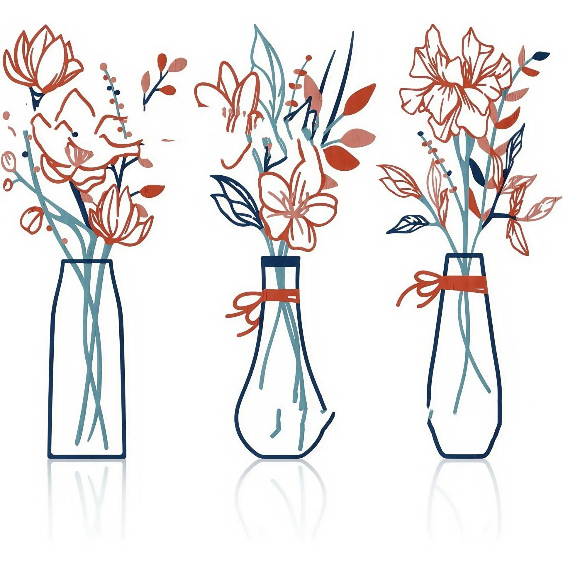 Three-piece metal flowers wall art set with vases in country farmhouse style for bathroom decoration