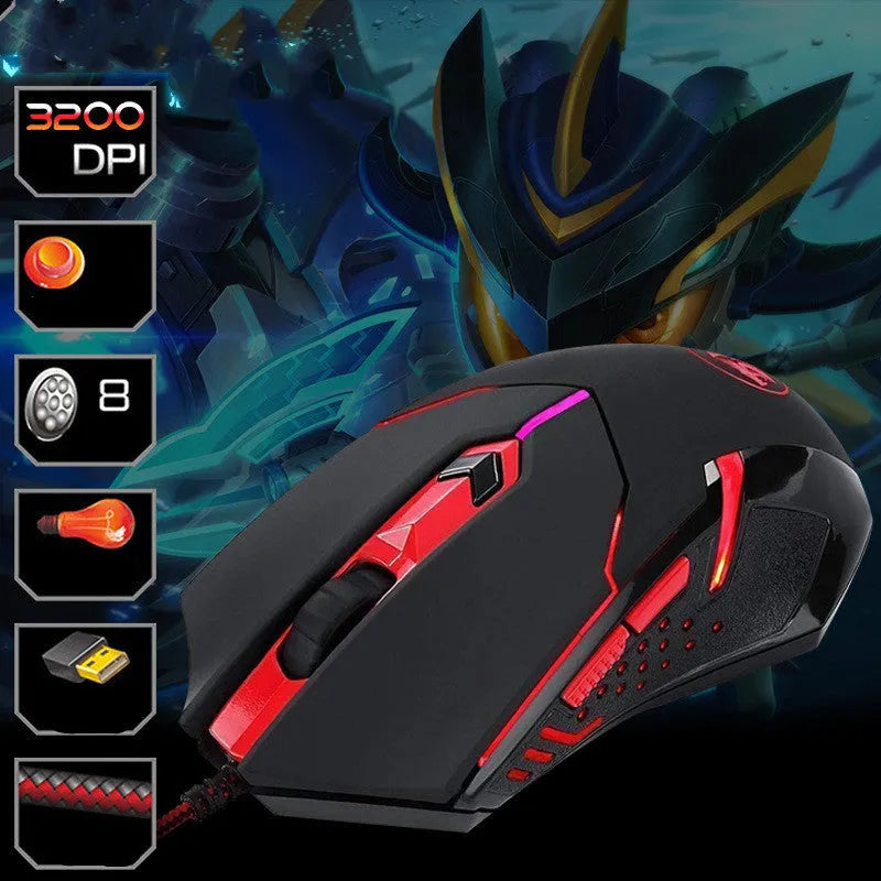 Black and red wired USB optical gaming mouse with six buttons on a desk.