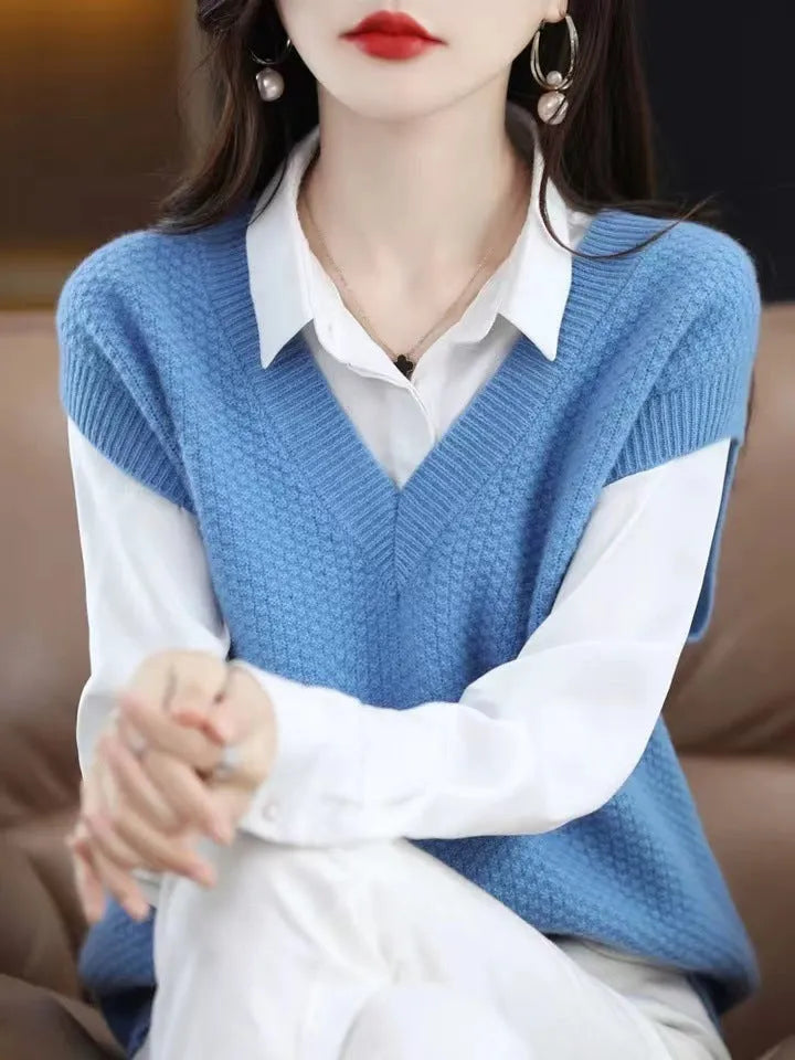 Women's beige V-neck sleeveless knitted vest with a raised 3D pattern texture.