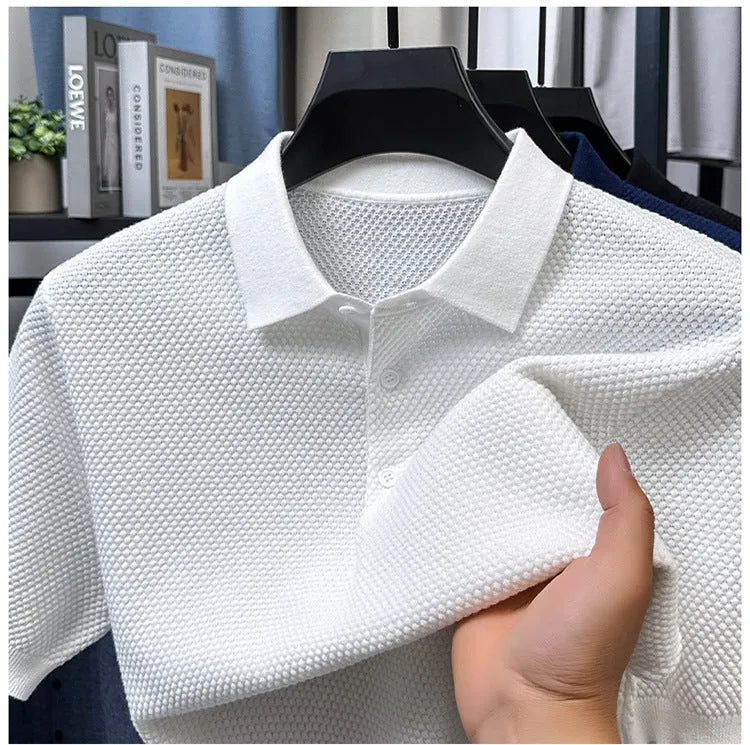 Men's loose fit grey cotton short sleeve pullover sweater on a hanger