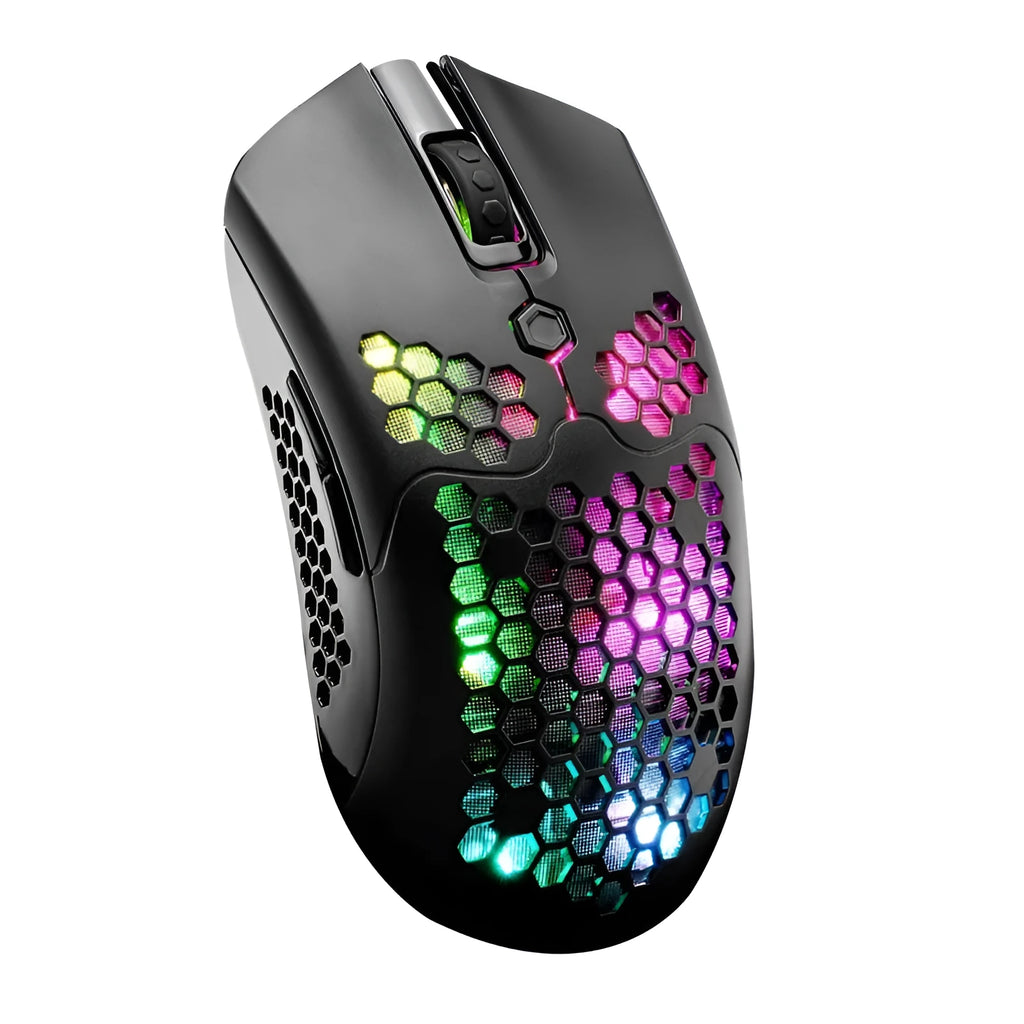 Free Wolf X2 wireless gaming mouse showing RGB lighting and ambidextrous symmetrical design