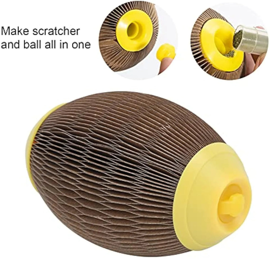 Ellipse-shaped catnip scratch ball toy made from recycled corrugated paper for feline exercise and play