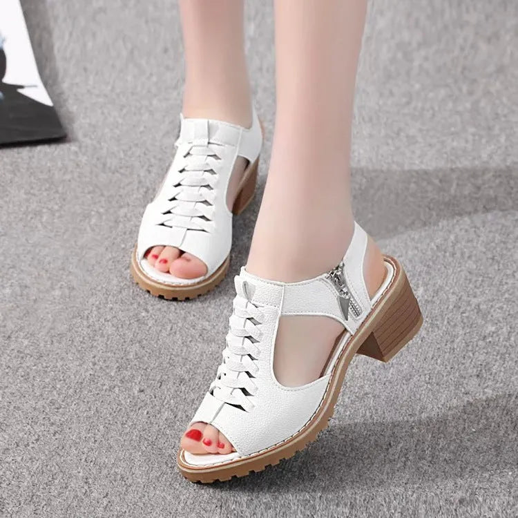 Women's retro sandals with side zip, mid heel, in black, white, and creamy white colours.