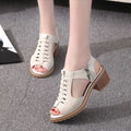 Women's retro sandals with side zip, mid heel, in black, white, and creamy white colours.