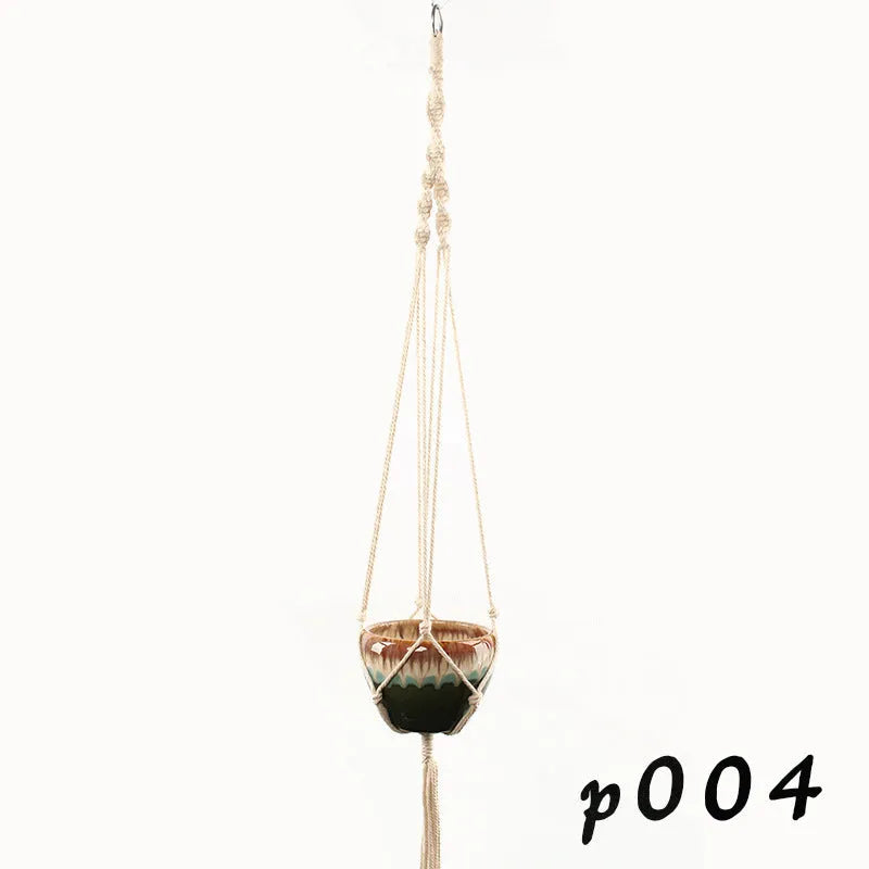 Cotton rope woven wire plant basket shown in desktop, wall hanging, and hanging basin styles.
