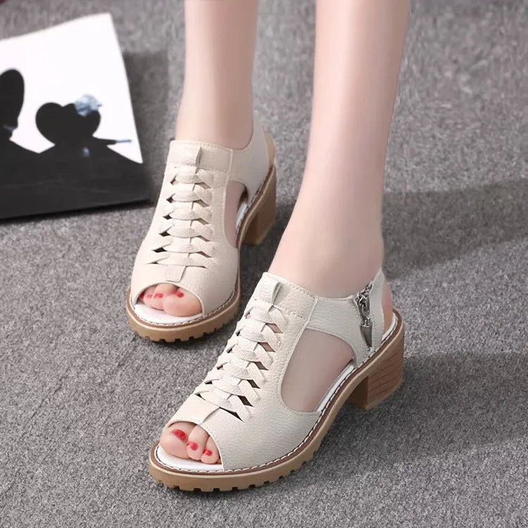 Women's retro sandals with side zip, mid heel, in black, white, and creamy white colours.