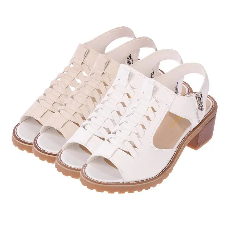 Women's retro sandals with side zip, mid heel, in black, white, and creamy white colours.
