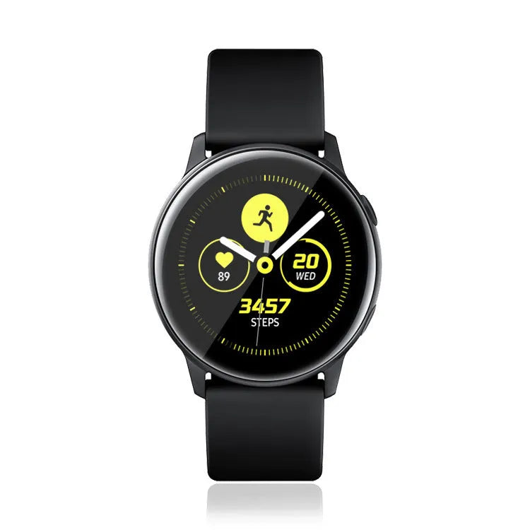Samsung Galaxy Watch Active full screen tempered glass screen protector in transparent finish.
