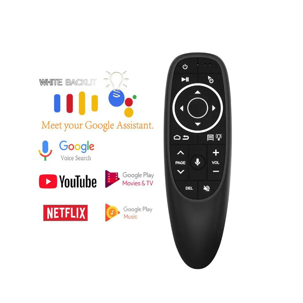 G10 series intelligent voice remote control with plastic shell and silicone buttons.