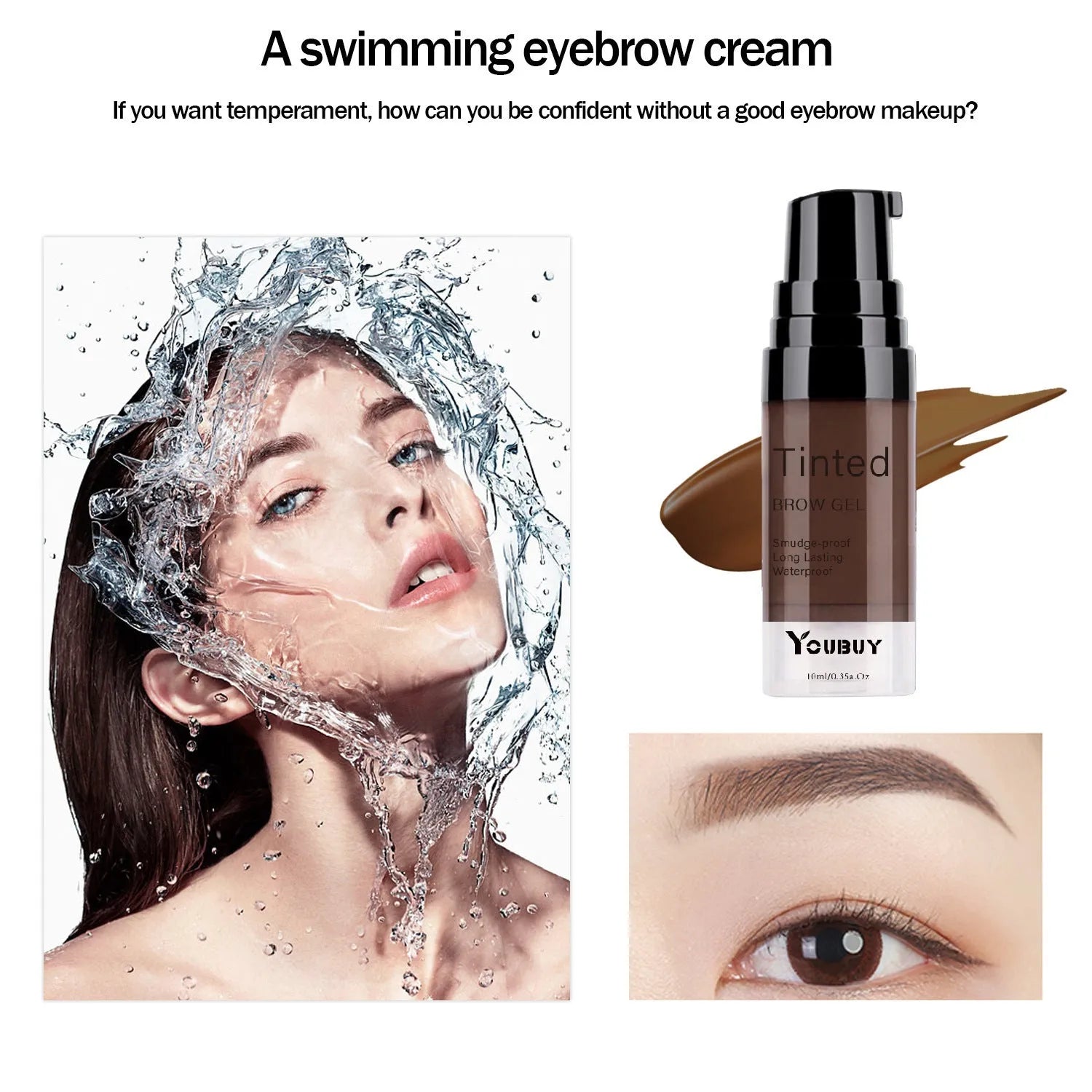 Waterproof brow cream tube in dark grey and golden yellow shades with applicator
