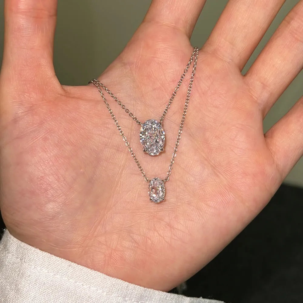 S925 sterling silver necklace with geometric oval ice flower pendant in platinum or gold finish
