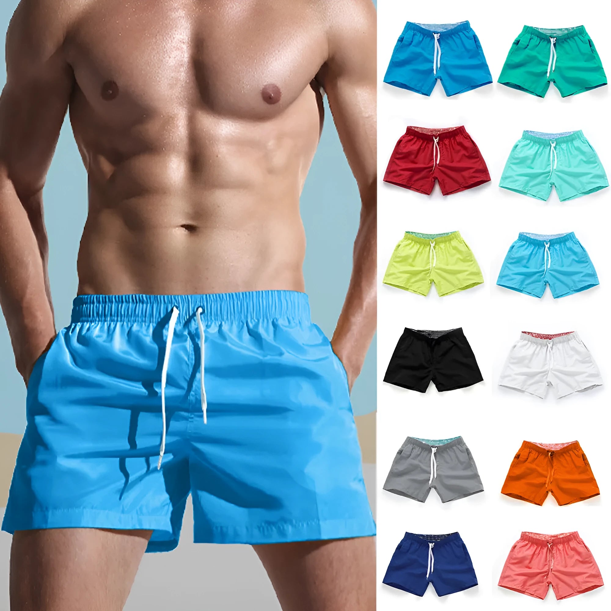 Men's polyester beach shorts in multiple colours with straight leg design for surfing and summer wear, available in sizes S to 4XL