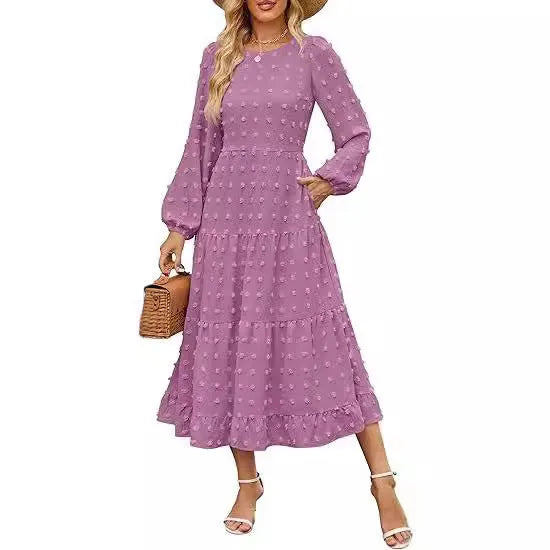 Women's autumn long sleeve dress with high waist and ruffled sleeves in solid colour
