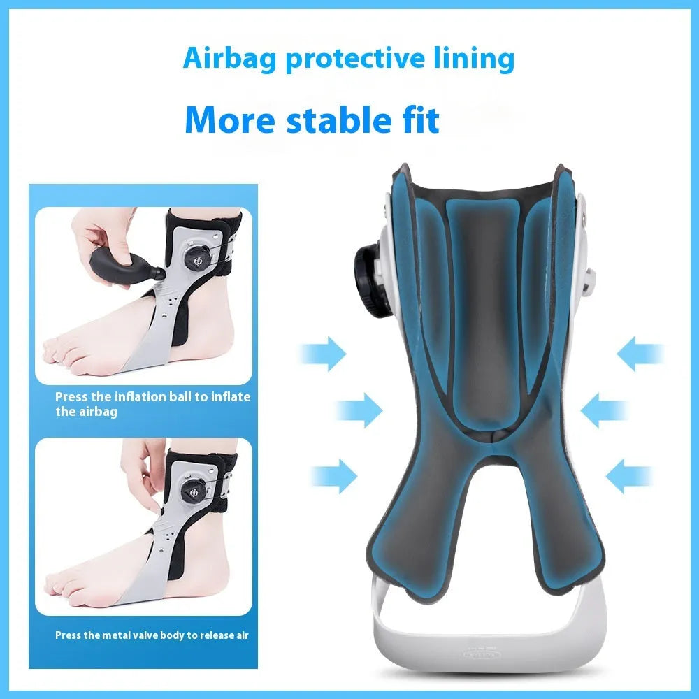 Grey ankle support brace with airbag button adjustment for training rehabilitation