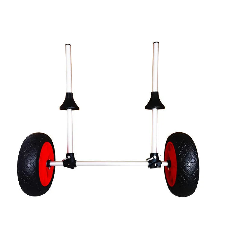 Foldable aluminium kayak trailer with upright pole platform and small cart for beach transport