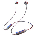 Black neck-mounted wireless sports earphones with custom logo printing area shown