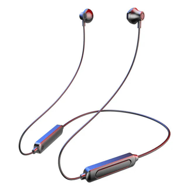 Black neck-mounted wireless sports earphones with custom logo printing area shown