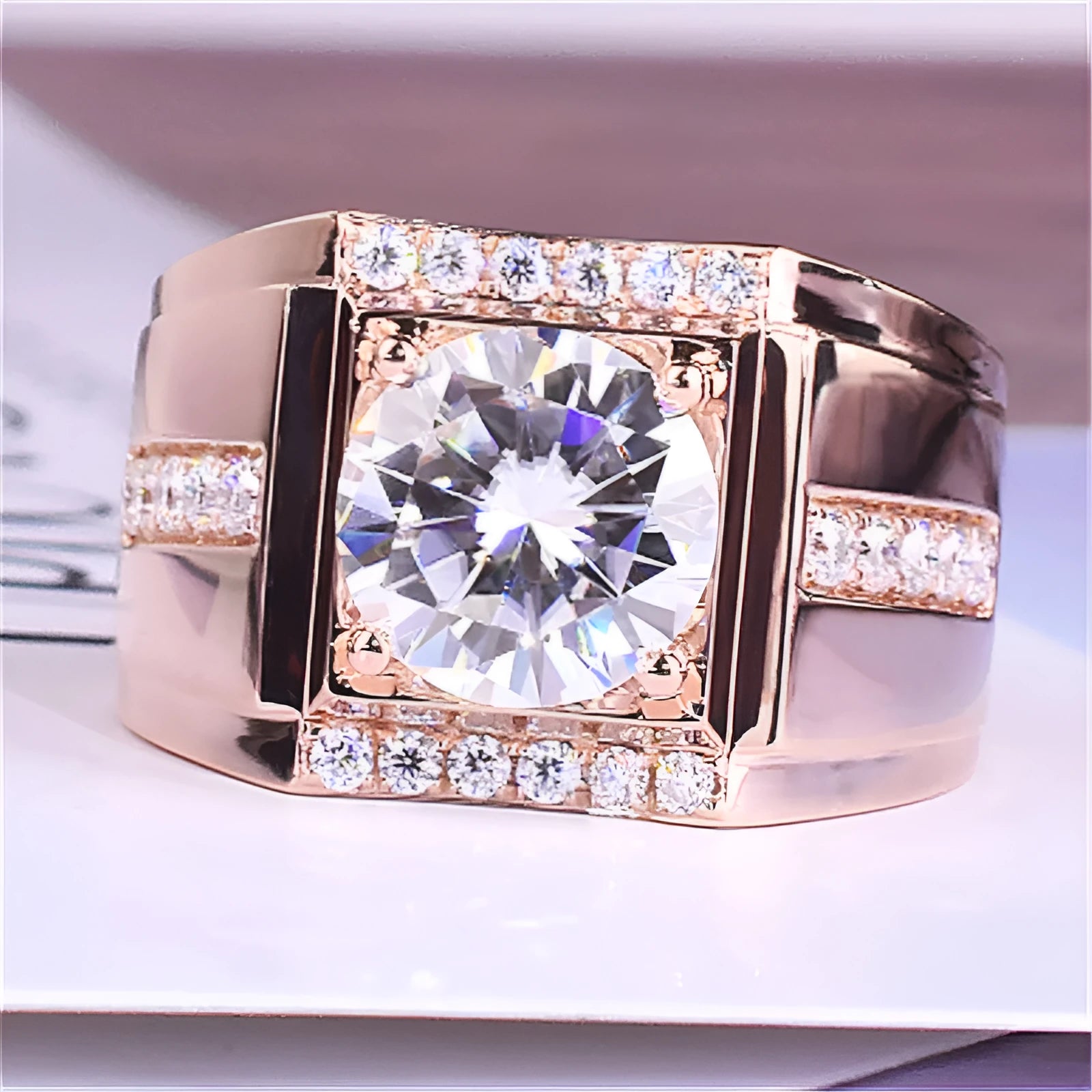 Men's adjustable ring with geometric diamond zircon design in electroplated metallic finish