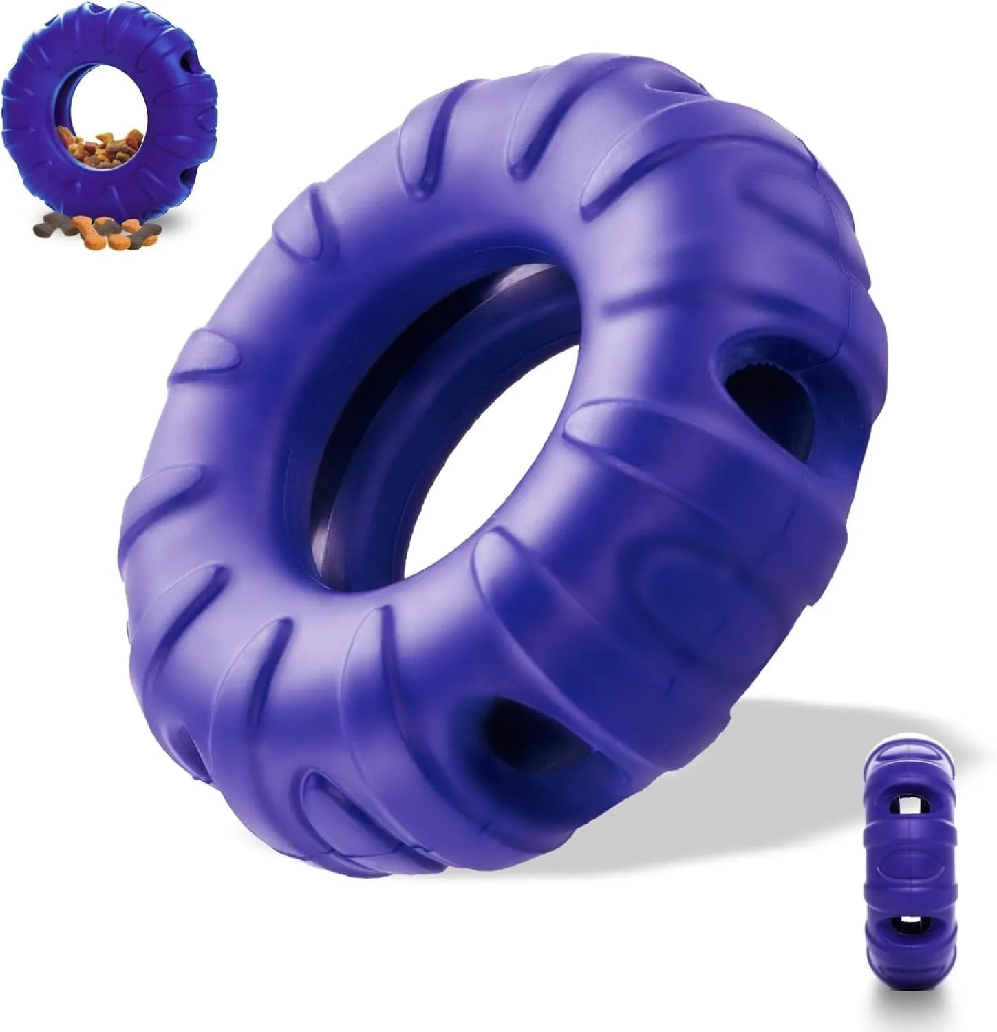 Blue beef-flavoured rubber tyre dog toy with oval holes for treat dispensing