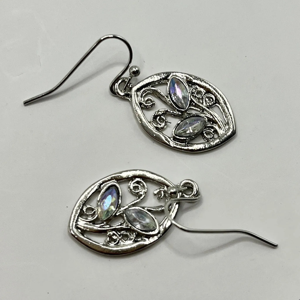 Silver leaf-shaped earrings with embedded colourful moonstones on alloy stud backs