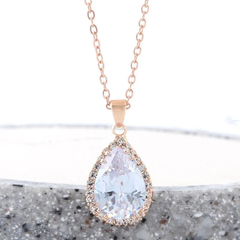 Rose gold pink drop shape alloy necklace with rhinestone and geometry elements