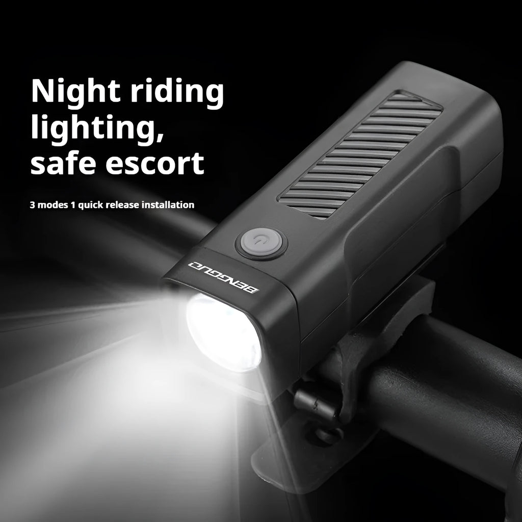 USB rechargeable bicycle headlight with quick-release strap on handlebars.