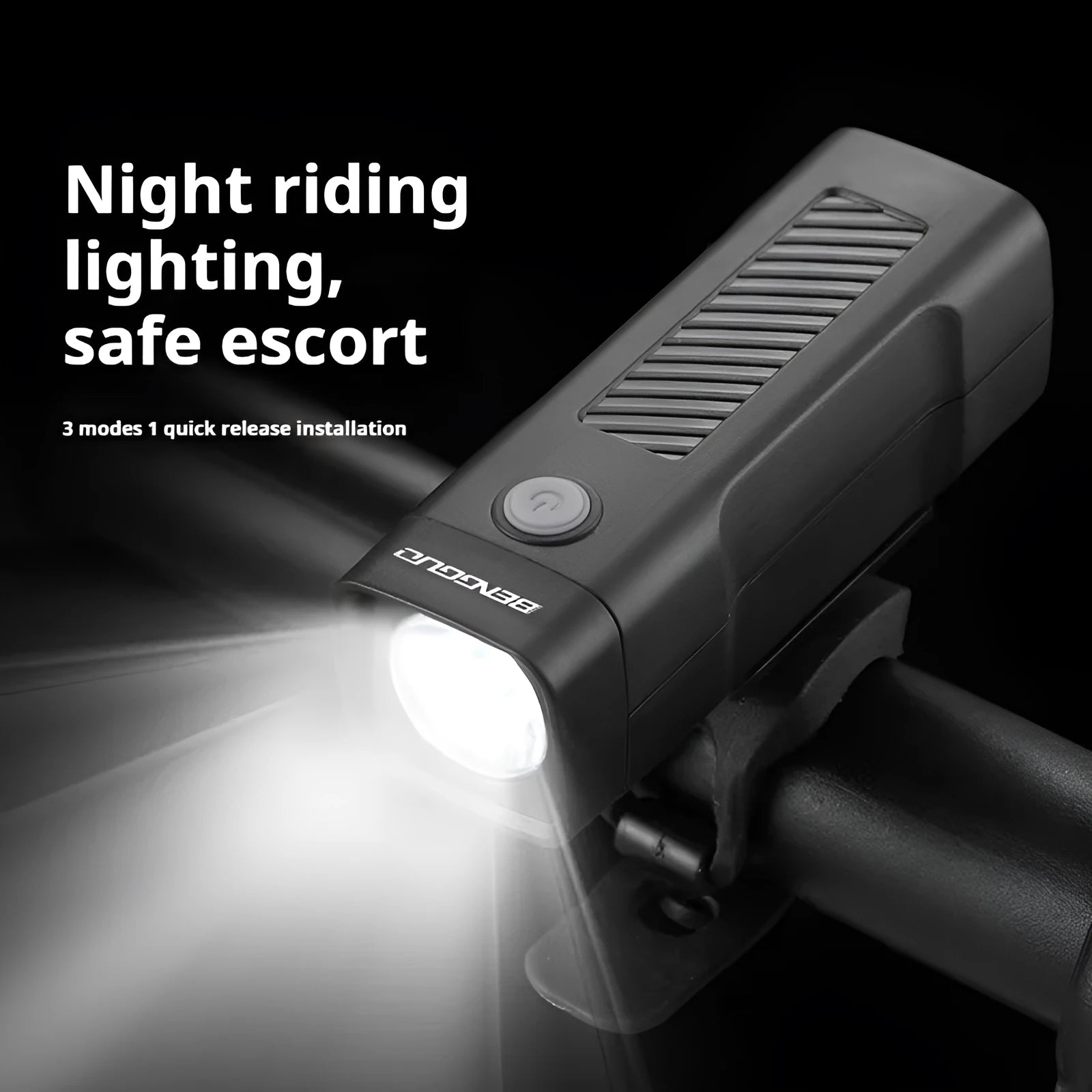 USB rechargeable bicycle headlight with quick-release strap on handlebars.
