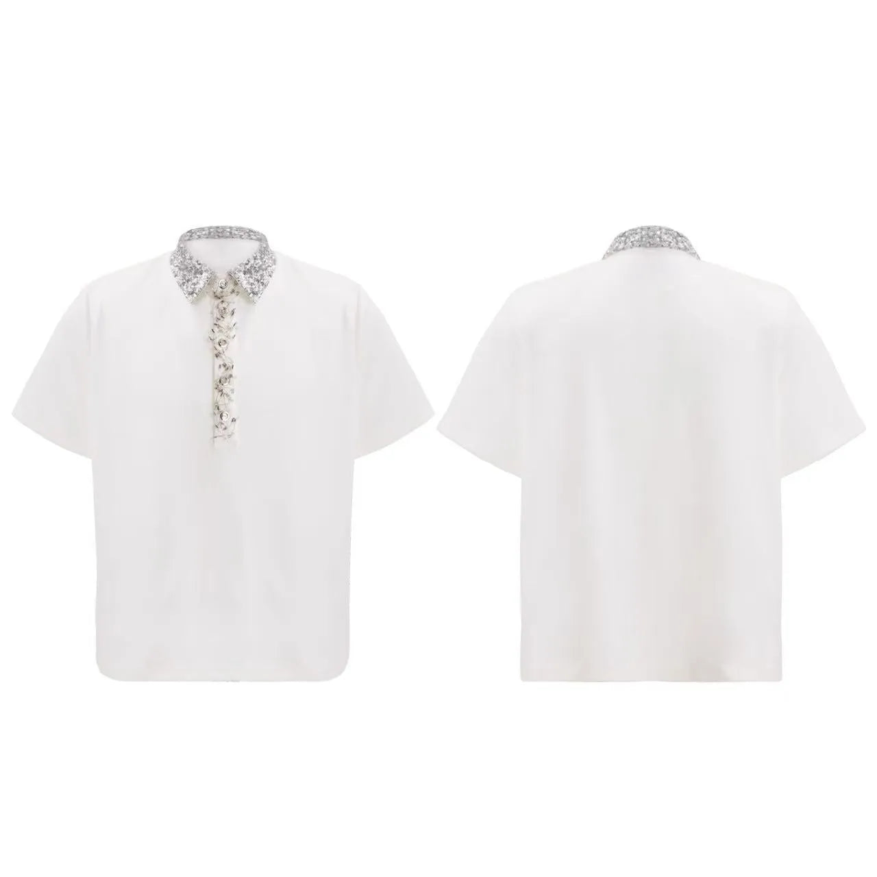 Man's black loose polo t-shirt with embroidery sequins detail and a square collar.