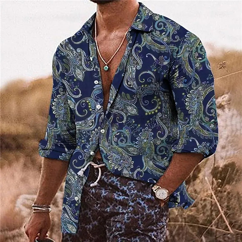 Man wearing a loose-fit long sleeve shirt with a colourful bohemian floral 3D print pattern.