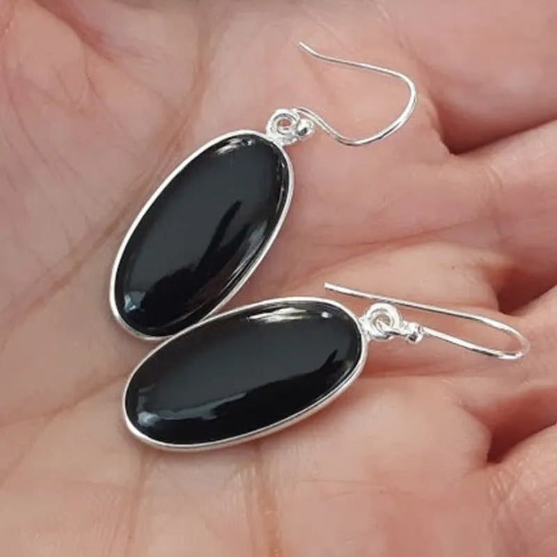Women's oval black agate pendant earrings with electroplated 925 silver finish in geometric Chinese style