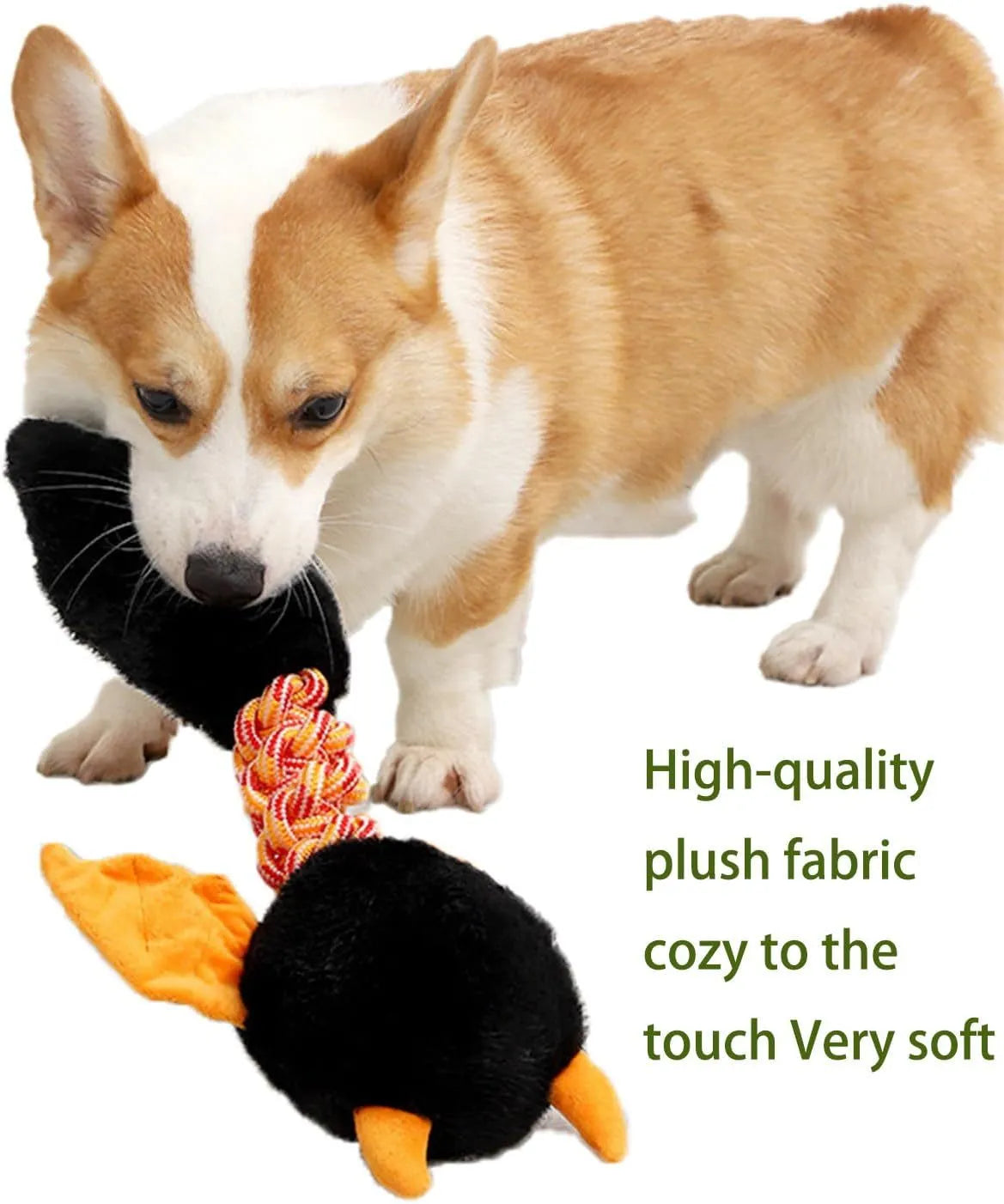 Soft rabbit fleece plush dog toy with squeaker and rope, in black, green, or red, measuring 44 cm long.
