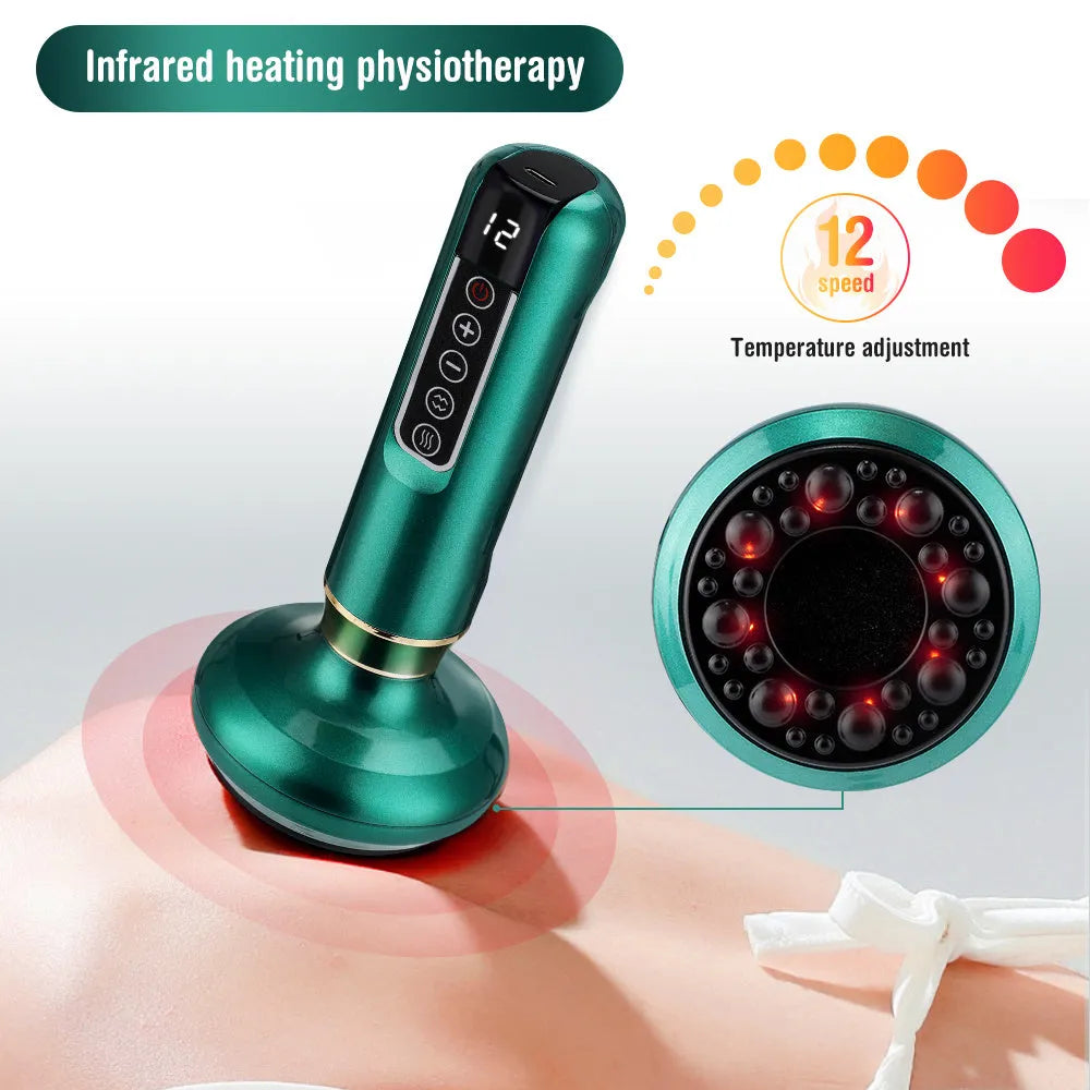 Green electric vacuum cupping massager with adjustable suction and infrared heating functions